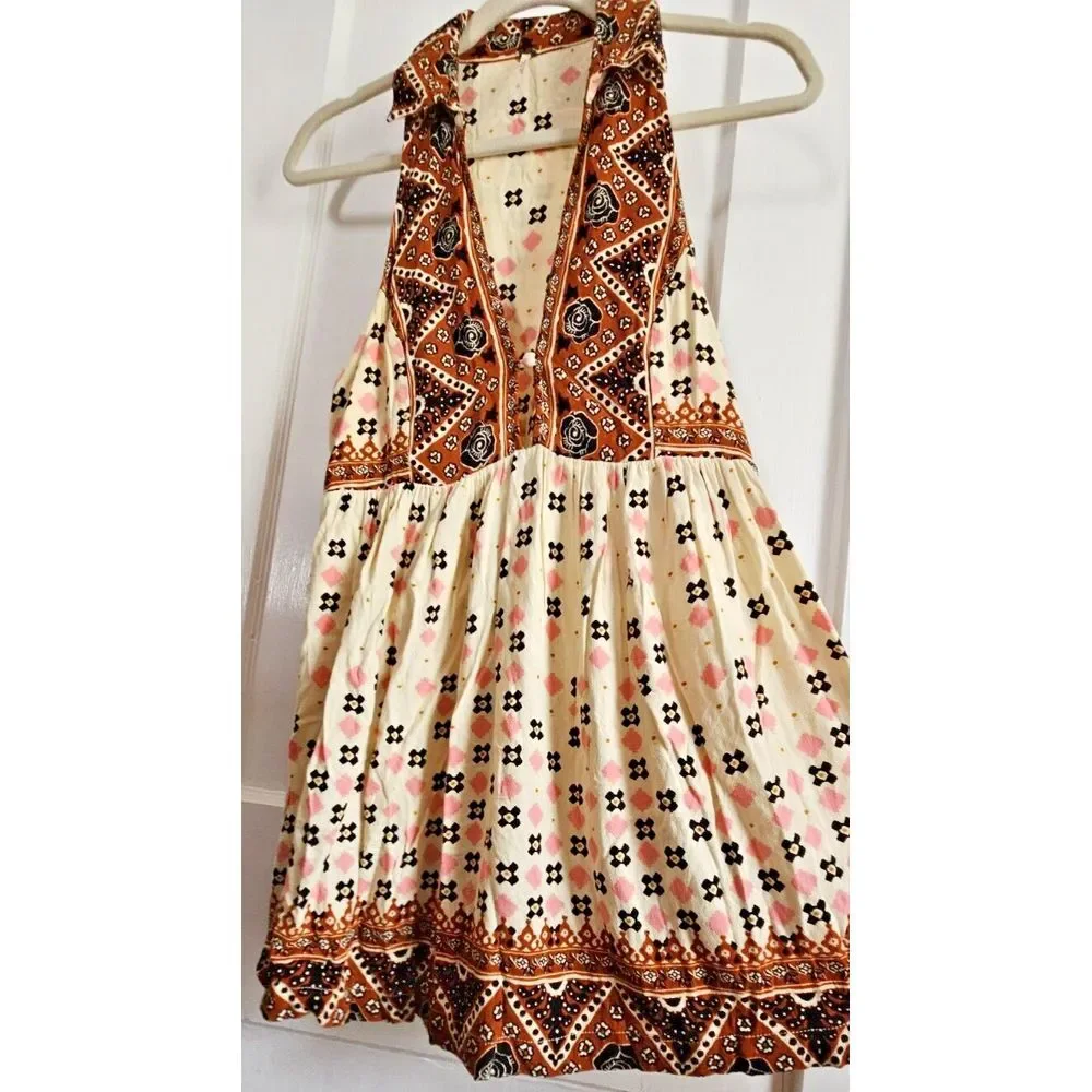 FREE PEOPLE women Rust print deep V neck‎ charlotte sleeveless tunic top Sz S